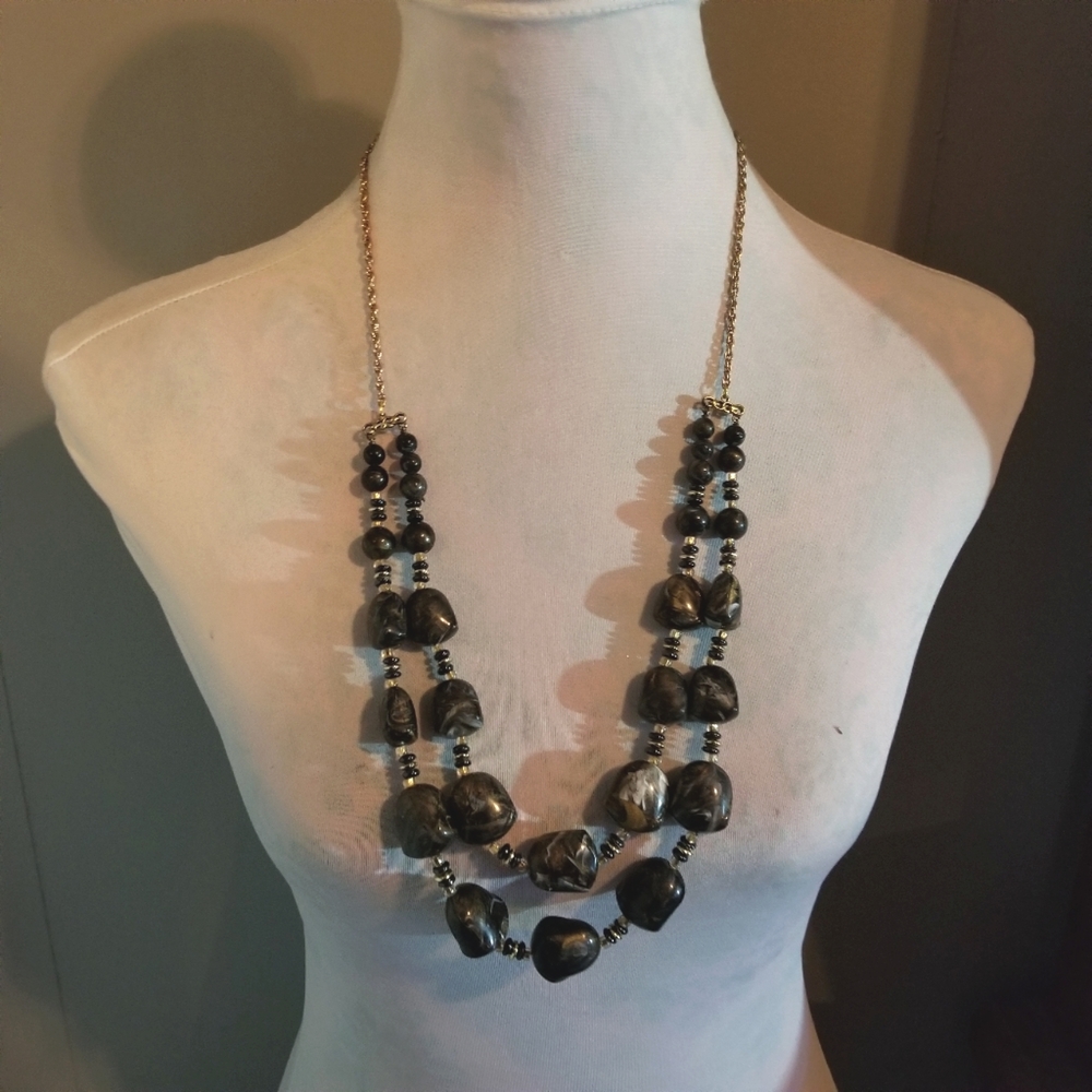 Vintage necklace two strand gold tone black swirled gold chunky multistrand - Picture 3 of 11